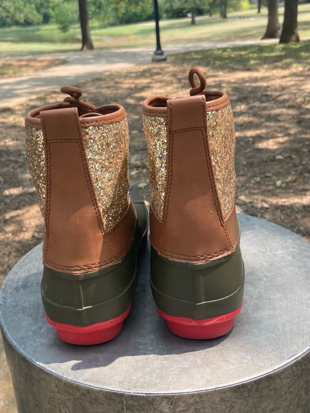Gianni Bini Olive, Brown and Gold Glitter Duck Boots
